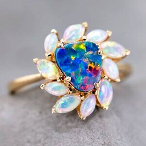 Australian Doublet Opal & White Opal Engagement Ring 18K Yellow Gold